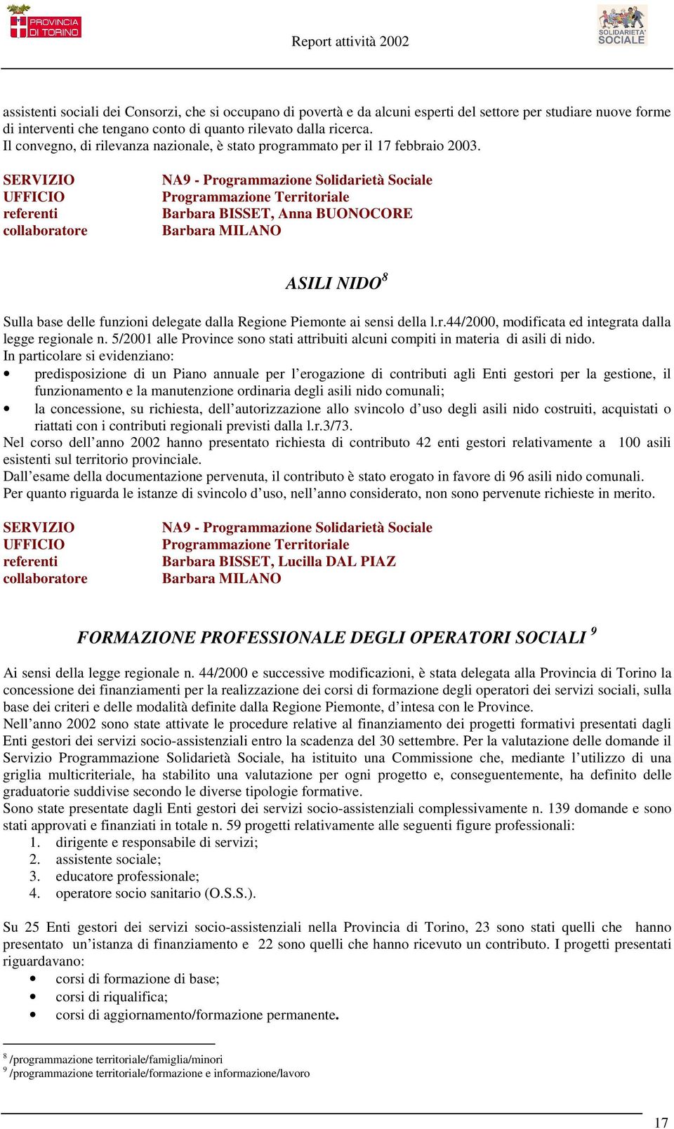 referenti collaboratore Programmazione Territoriale Barbara BISSET, Anna BUONOCORE Barbara MILANO ASILI NIDO 8 Sulla base delle funzioni delegate dalla Regione Piemonte ai sensi della l.r.44/2000, modificata ed integrata dalla legge regionale n.