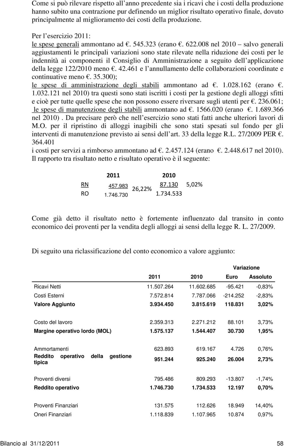 008 nel 2010 salvo generali aggiustamenti le principali variazioni sono state rilevate nella riduzione dei costi per le indennità ai componenti il Consiglio di Amministrazione a seguito dell