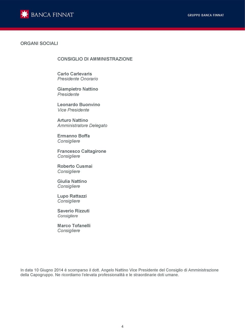 Consigliere Lupo Rattazzi Consigliere Saverio Rizzuti Consigliere Marco Tofanelli Consigliere In data 10 Giugno 2014 è scomparso il dott.