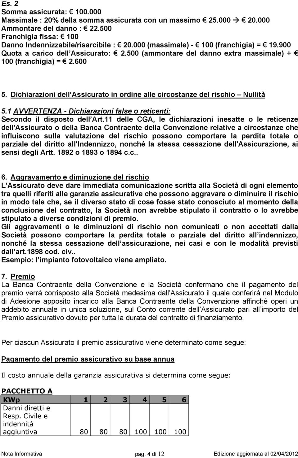 Dichiarazioni dell Assicurato in ordine alle circostanze del rischio Nullità 5.1 AVVERTENZA - Dichiarazioni false o reticenti: Secondo il disposto dell Art.