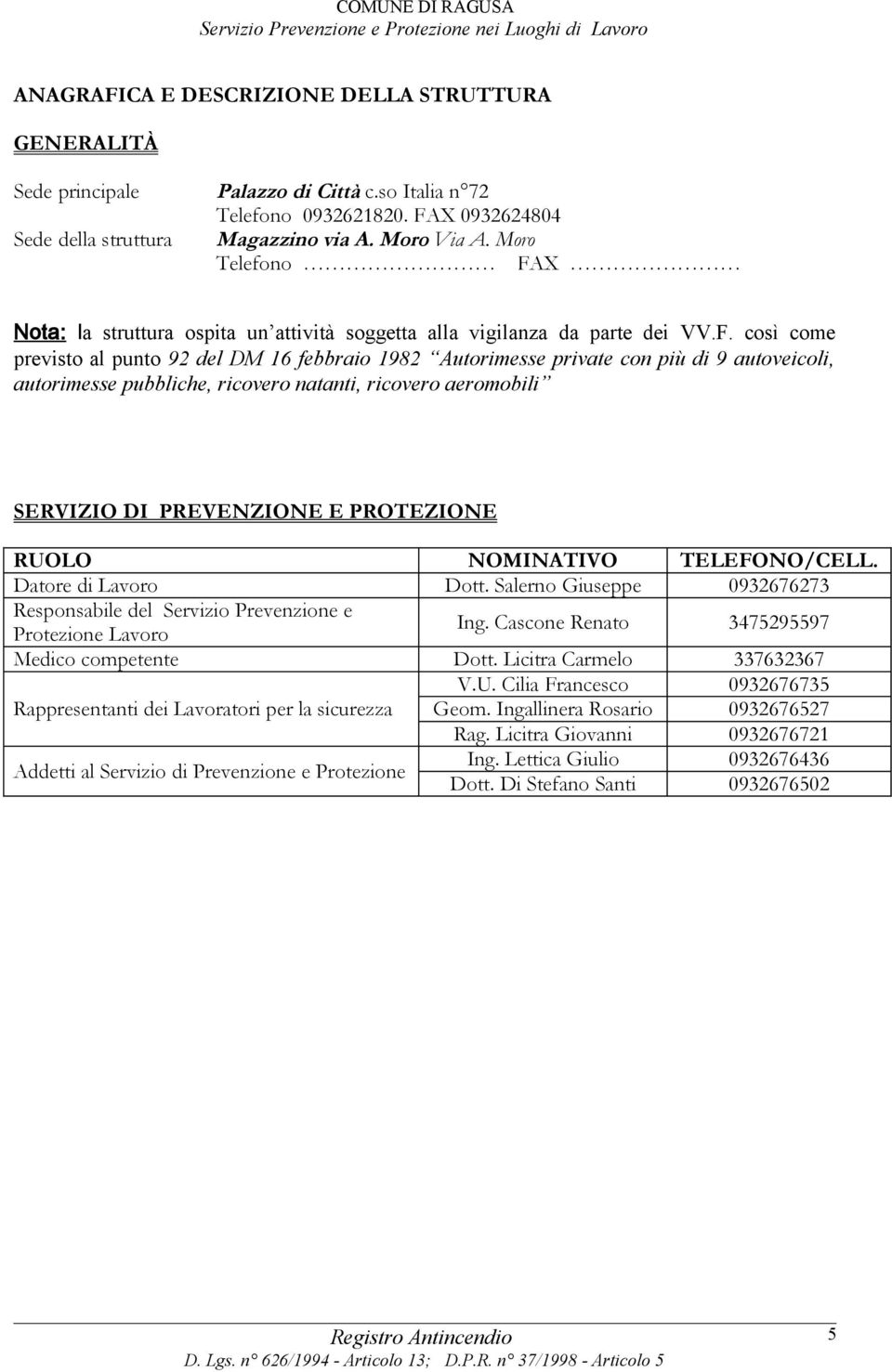 X Nota: la struttura ospita un attività soggetta alla vigilanza da parte dei VV.F.