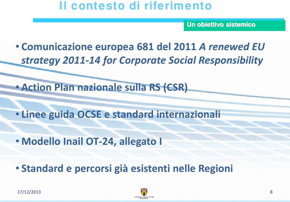 Plan nazionale sulla RS (CSR) Linee guida OCSE e standard internazionali Modello