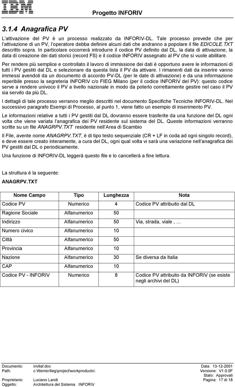 In particolare occorrerà introdurre il codice PV definito dal DL, la data di attivazione, la data di creazione dei dati storici (record FS) e il codice INFORIV assegnato al PV che si vuole abilitare.