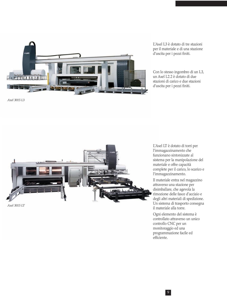 Axel 3015 L3 Axel 3015 LT L Axel LT è dotato di torri per l immagazzinamento che funzionano sintonizzate al sistema per la manipolazione del materiale e offre capacità complete per il carico, lo