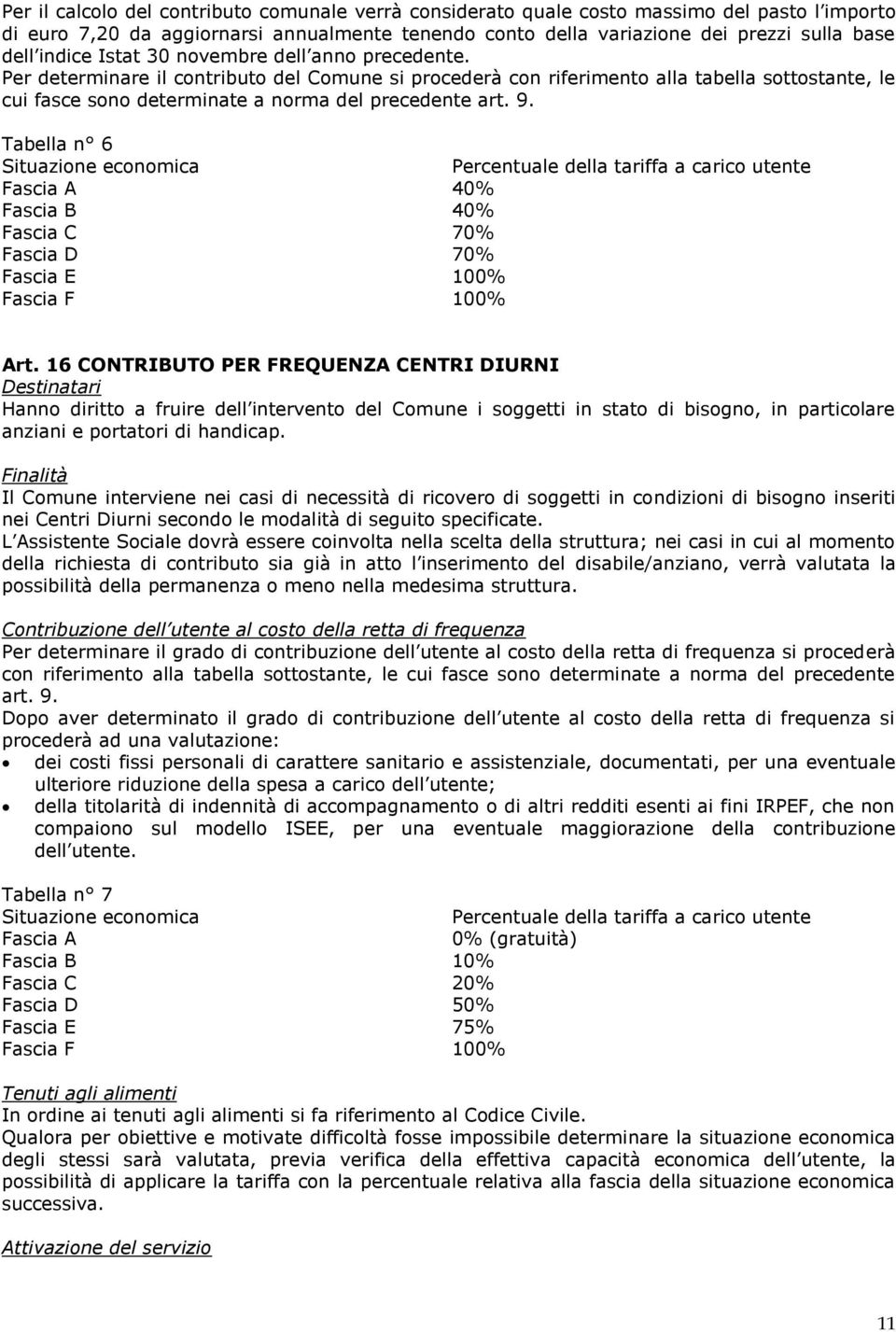 9. Tabella n 6 Situazione economica Percentuale della tariffa a carico utente Fascia A 40% Fascia B 40% Fascia C 70% Fascia D 70% Fascia E 100% Fascia F 100% Art.