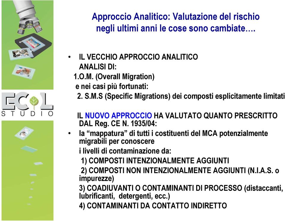 CE N. 1935/04: la mappatura di tutti i costituenti del MCA potenzialmente migrabili per conoscere i livelli di contaminazione da: 1) COMPOSTI INTENZIONALMENTE