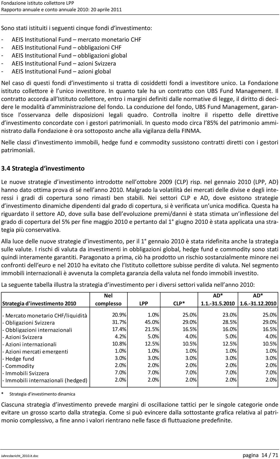 La Fondazione istituto collettore è l unico investitore. In quanto tale ha un contratto con UBS Fund Management.