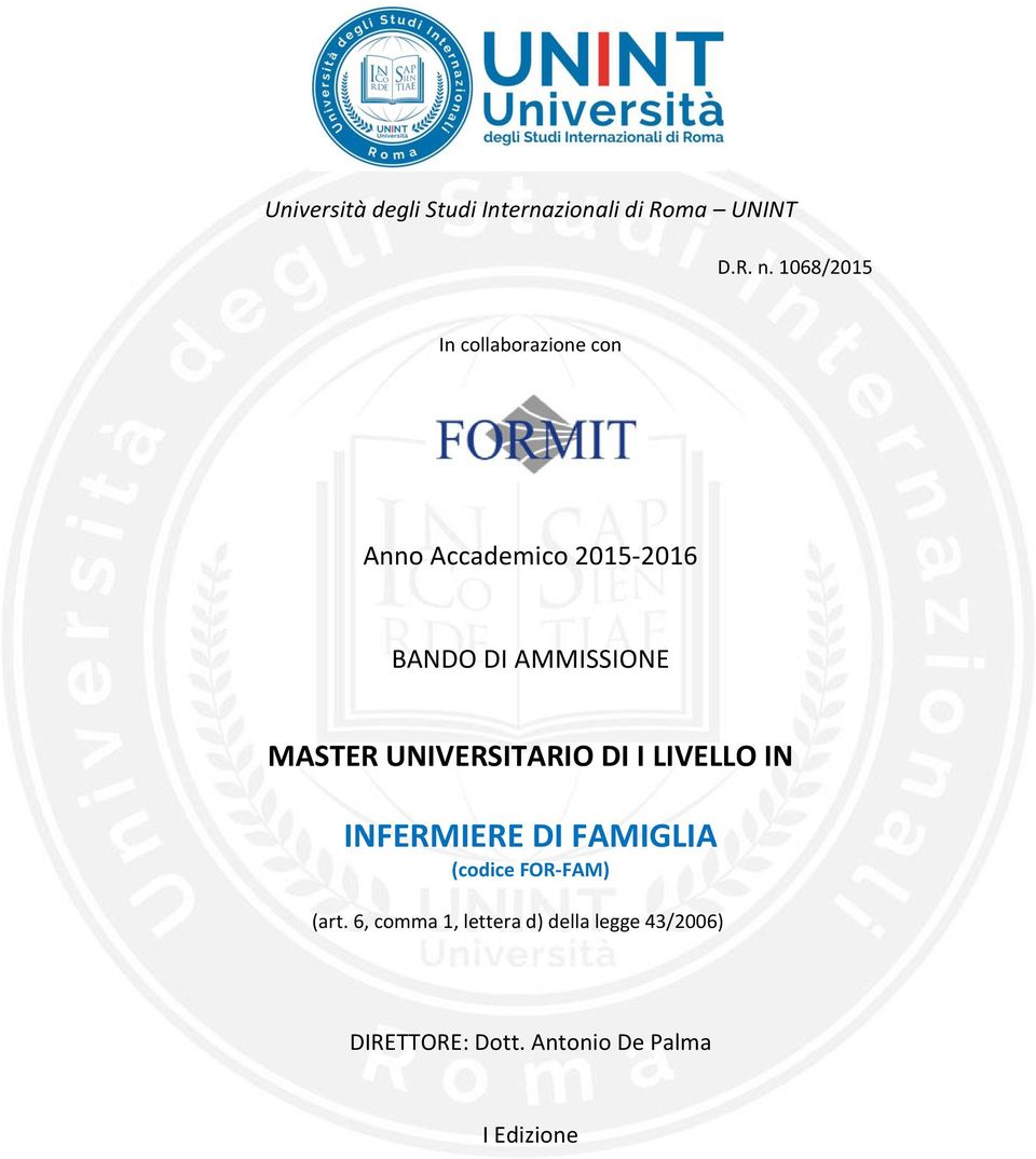 MASTER UNIVERSITARIO DI I LIVELLO IN INFERMIERE DI FAMIGLIA (codice FOR-FAM)