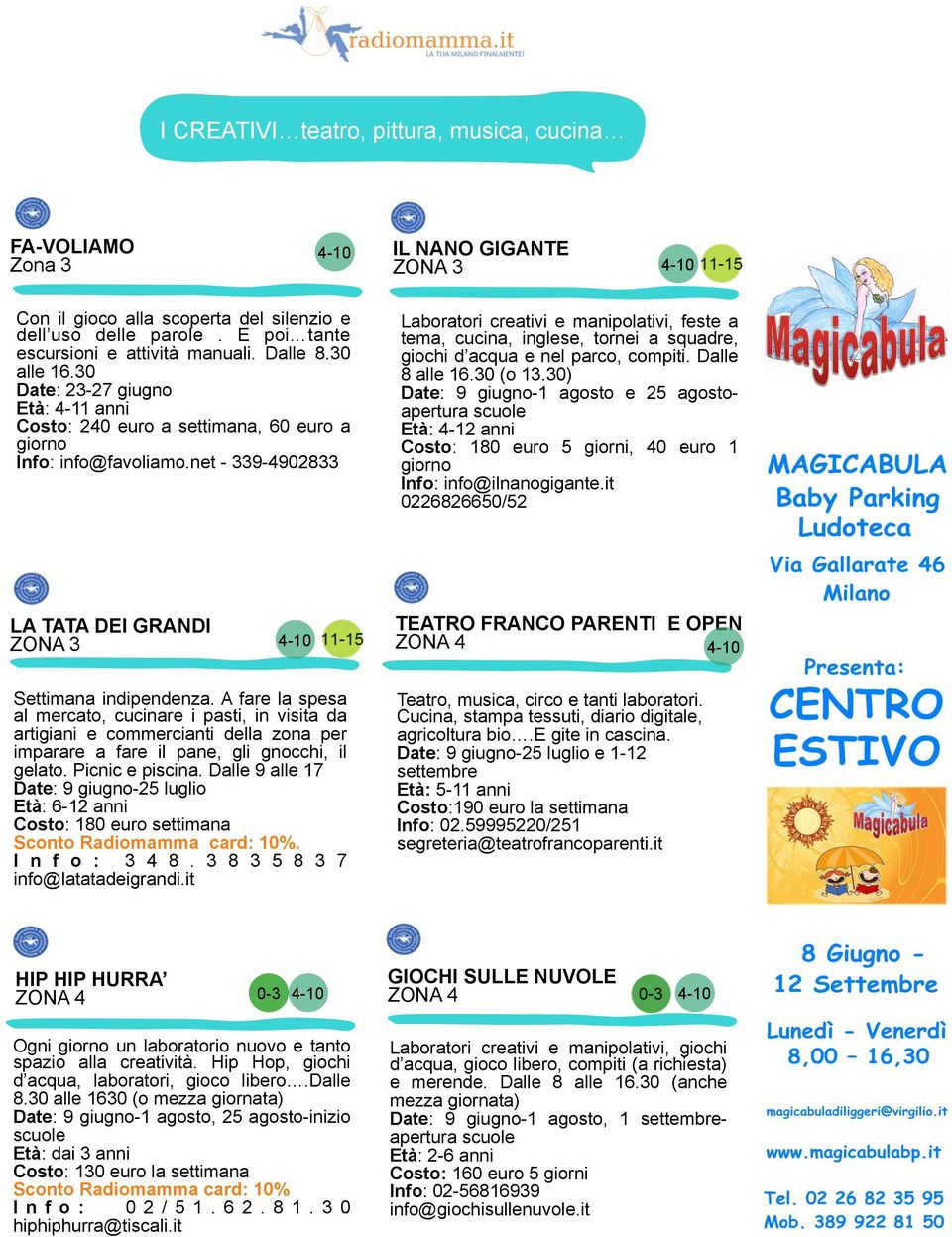 net - 339-4902833 Laboratori creativi e manipolativi, feste a tema, cucina, inglese, tornei a squadre, giochi d acqua e nel parco, compiti. Dalle 8 alle 16.30 (o 13.