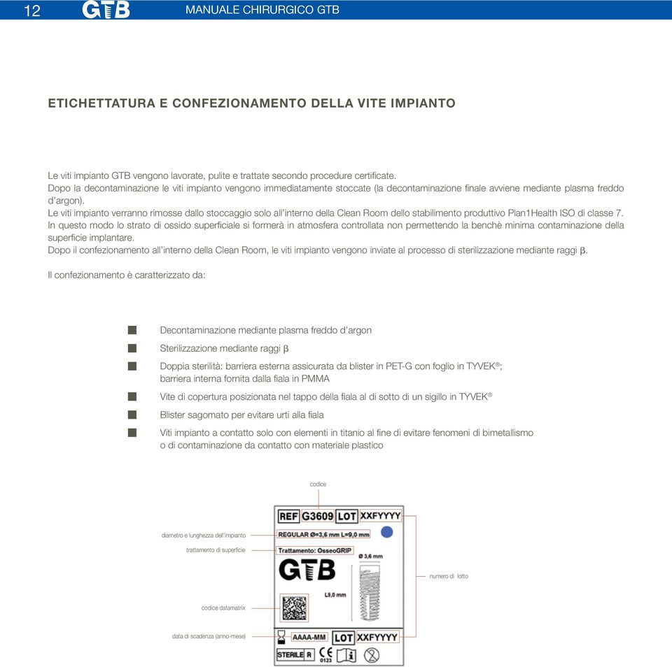 Le viti impianto verranno rimosse dallo stoccaggio solo all interno della Clean Room dello stabilimento produttivo Plan1Health ISO di classe 7.