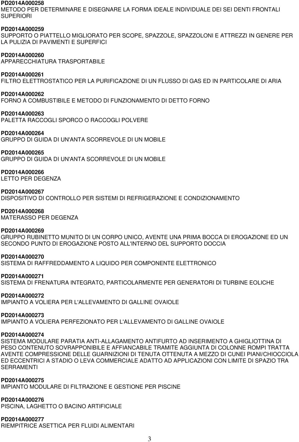 PD2014A000262 FORNO A COMBUSTIBILE E METODO DI FUNZIONAMENTO DI DETTO FORNO PD2014A000263 PALETTA RACCOGLI SPORCO O RACCOGLI POLVERE PD2014A000264 GRUPPO DI GUIDA DI UN'ANTA SCORREVOLE DI UN MOBILE