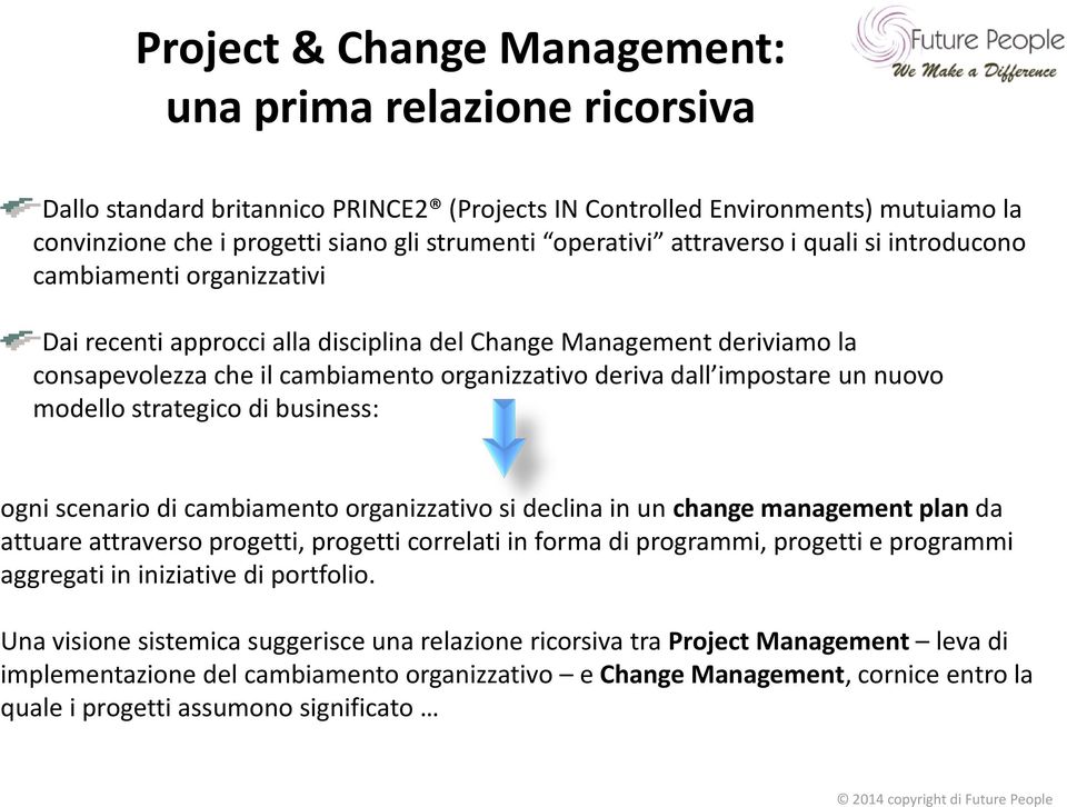 impostare un nuovo modello strategico di business: ogni scenario di cambiamento organizzativo si declina in un change management plan da attuare attraverso progetti, progetti correlati in forma di