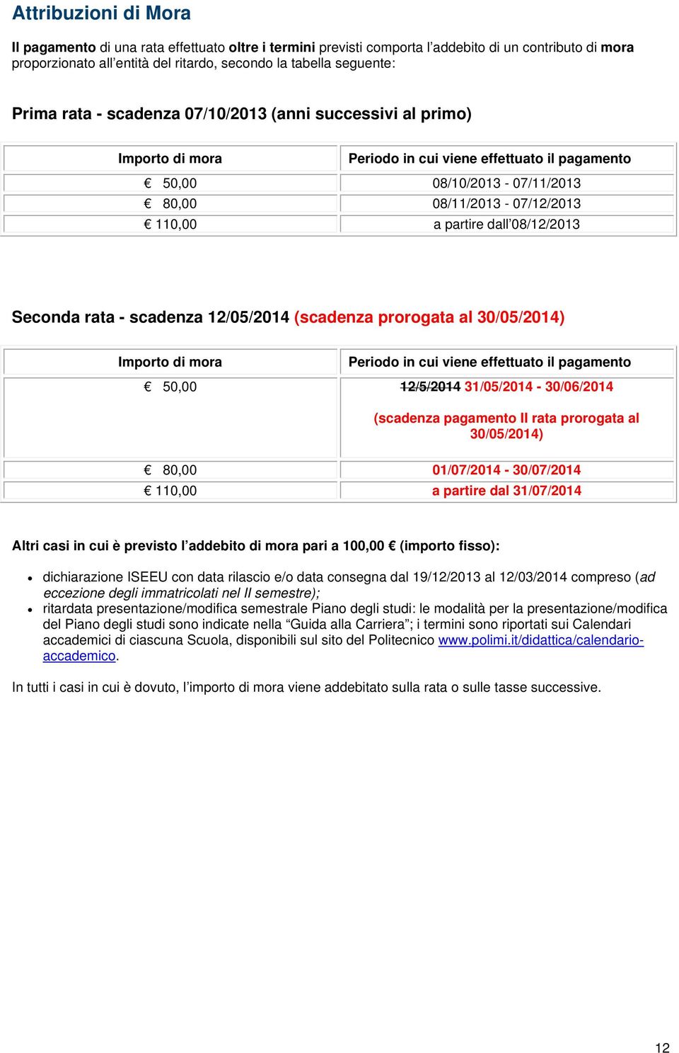 08/12/2013 Seconda rata - scadenza 12/05/2014 (scadenza prorogata al 30/05/2014) Importo di mora Periodo in cui viene effettuato il pagamento 50,00 12/5/2014 31/05/2014-30/06/2014 (scadenza pagamento