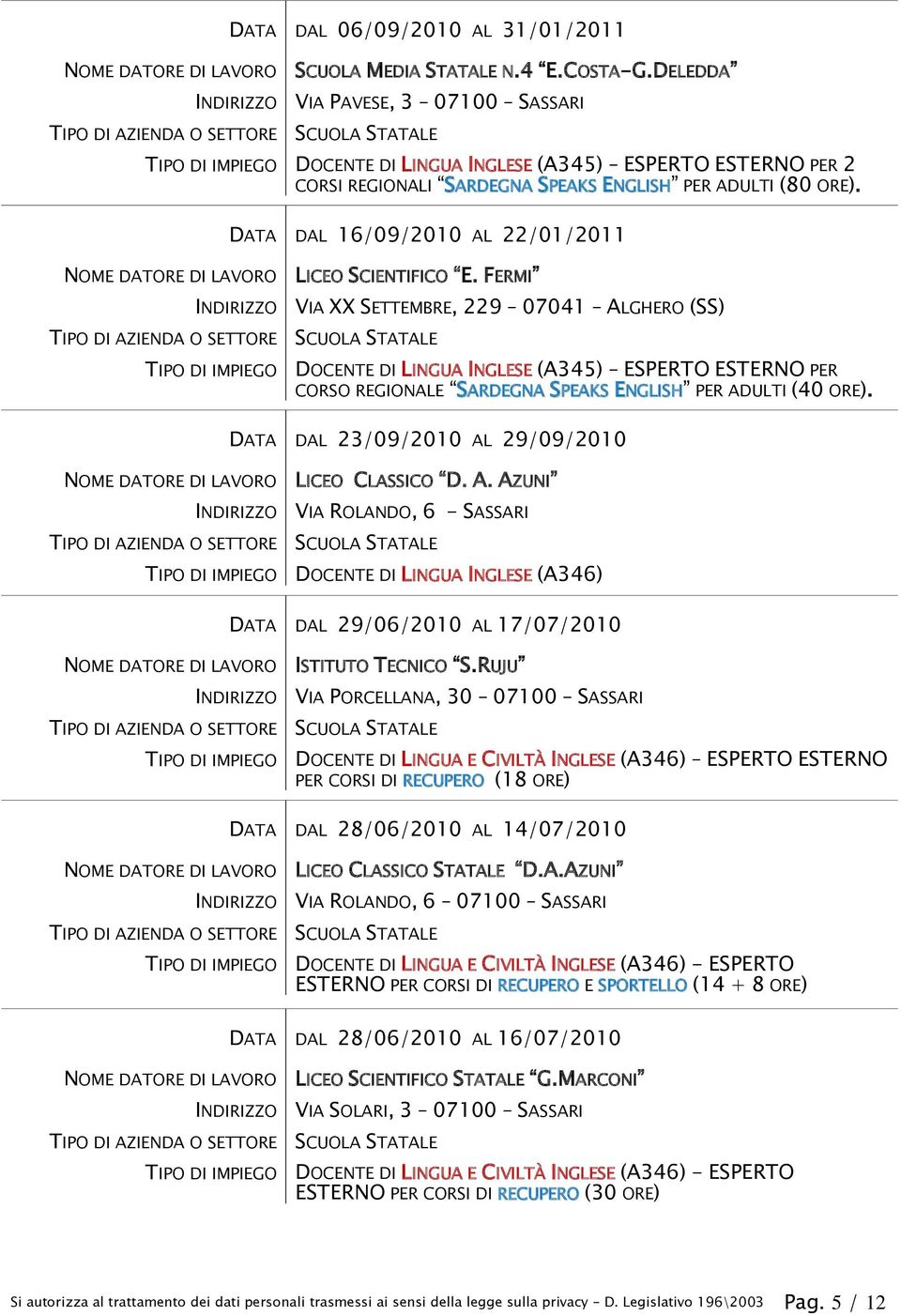 FERMI VIA XX SETTEMBRE, 229 07041 ALGHERO (SS) TIPO DI IMPIEGO DOCENTE DI LINGUA INGLESE (A345) ESPERTO ESTERNO PER CORSO REGIONALE SARDEGNA SPEAKS ENGLISH PER ADULTI (40 ORE).