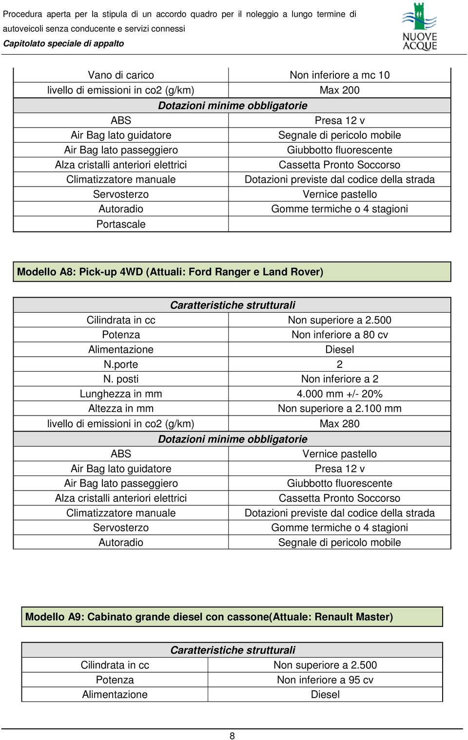 termiche o 4 stagioni Portascale Modello A8: Pick-up 4WD (Attuali: Ford Ranger e Land Rover) Caratteristiche strutturali Cilindrata in cc Non superiore a 2.