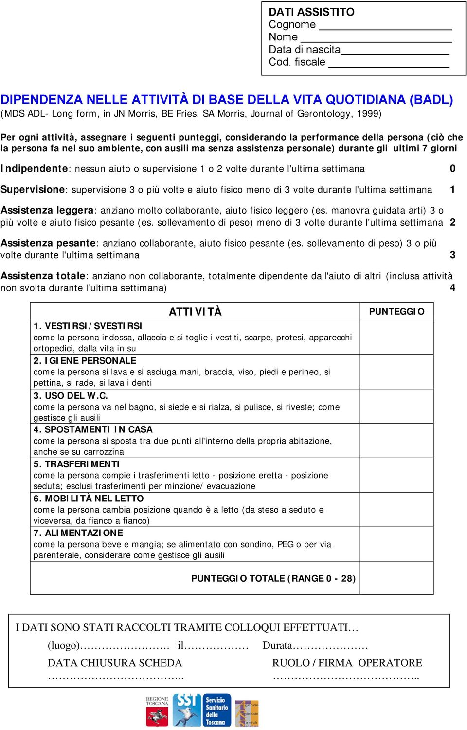 punteggi, considerando la performance della persona (ciò che la persona fa nel suo ambiente, con ausili ma senza assistenza personale) durante gli ultimi 7 giorni Indipendente: nessun aiuto o