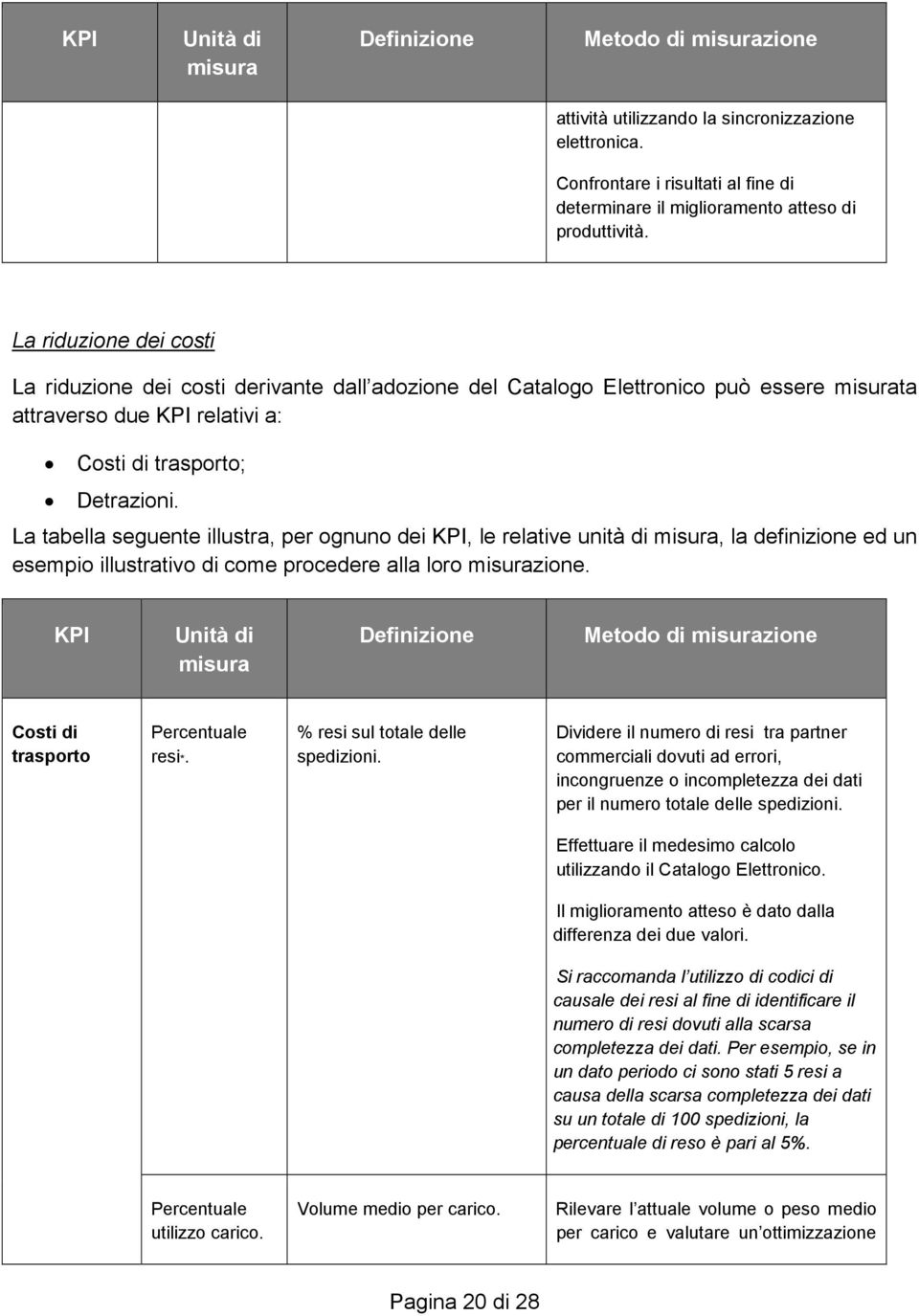 La tabella seguente illustra, per ognuno dei KPI, le relative unità di misura, la definizione ed un esempio illustrativo di come procedere alla loro misurazione.