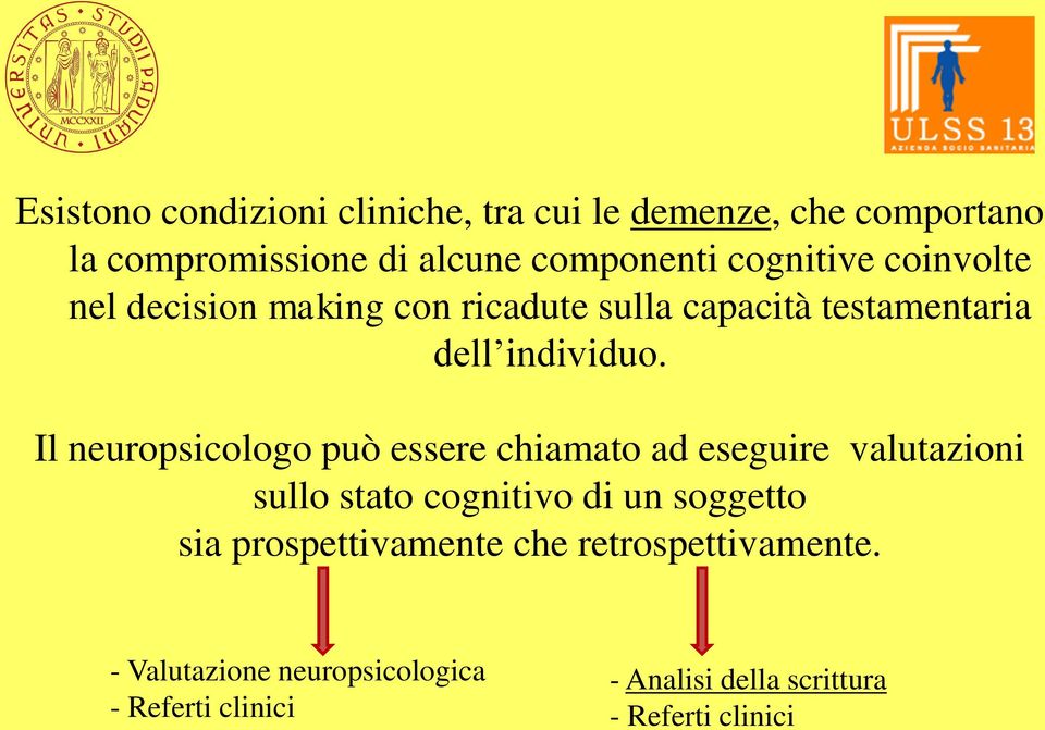 Il neuropsicologo può essere chiamato ad eseguire valutazioni sullo stato cognitivo di un soggetto sia