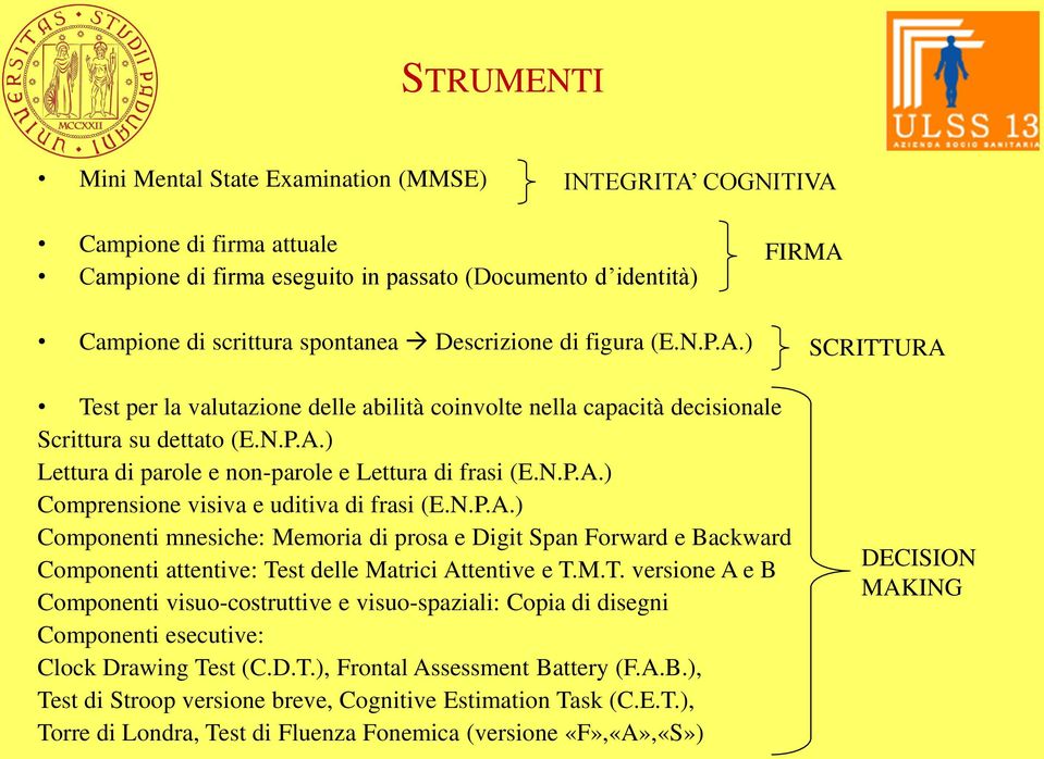 N.P.A.) Componenti mnesiche: Memoria di prosa e Digit Span Forward e Backward Componenti attentive: Te