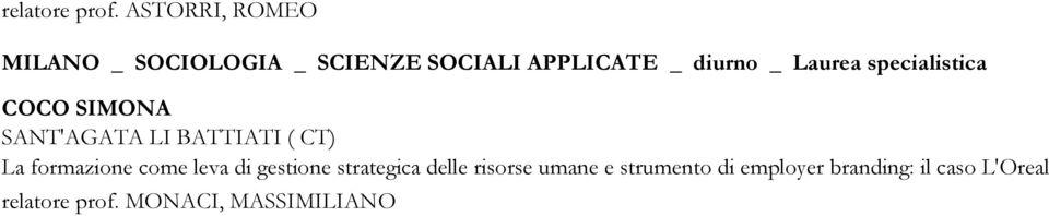 Laurea specialistica COCO SIMONA SANT'AGATA LI BATTIATI ( CT) La formazione