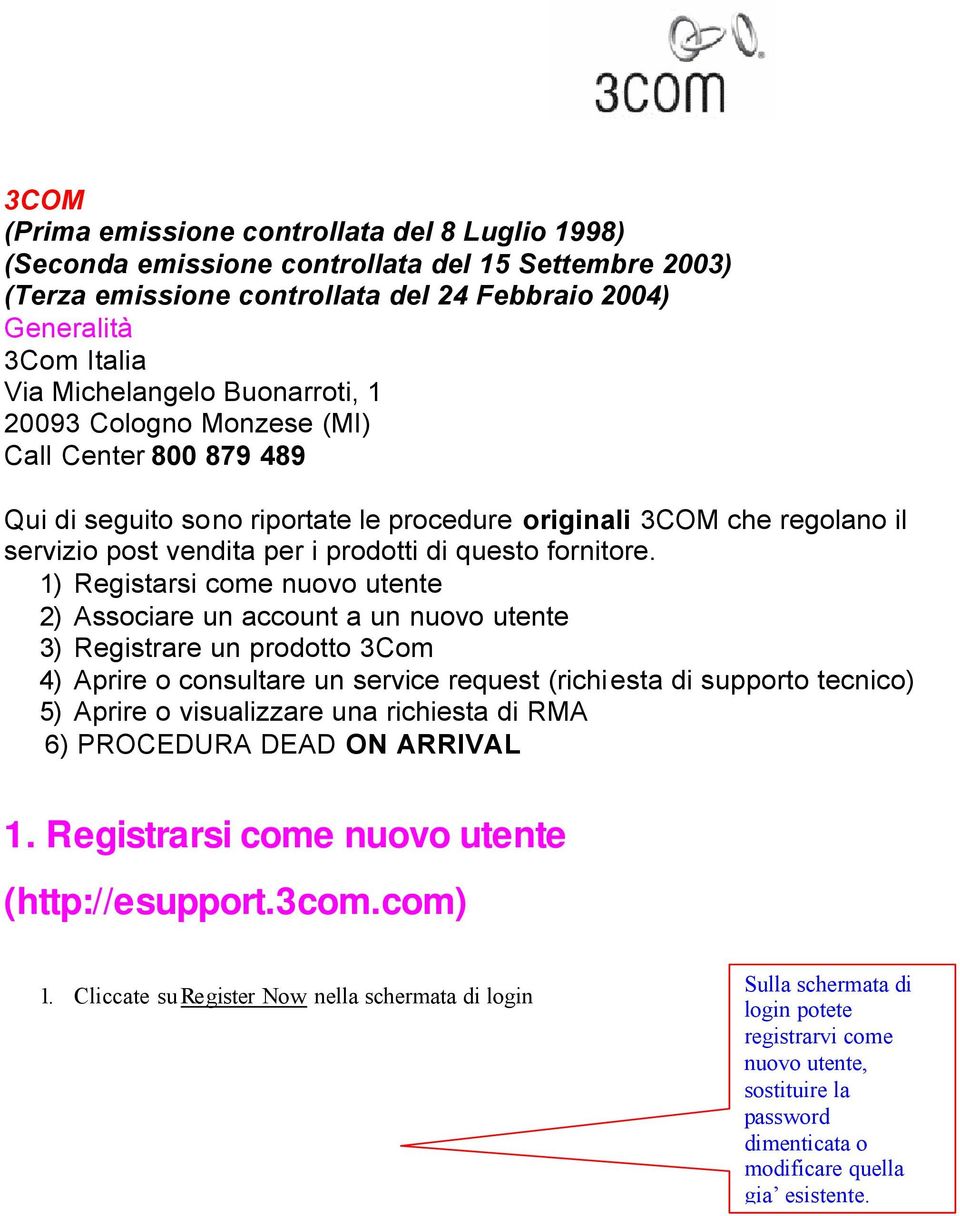 1) Registarsi come nuovo utente 2) Associare un account a un nuovo utente 3) Registrare un prodotto 3Com 4) Aprire o consultare un service request (richiesta di supporto tecnico) 5) Aprire o