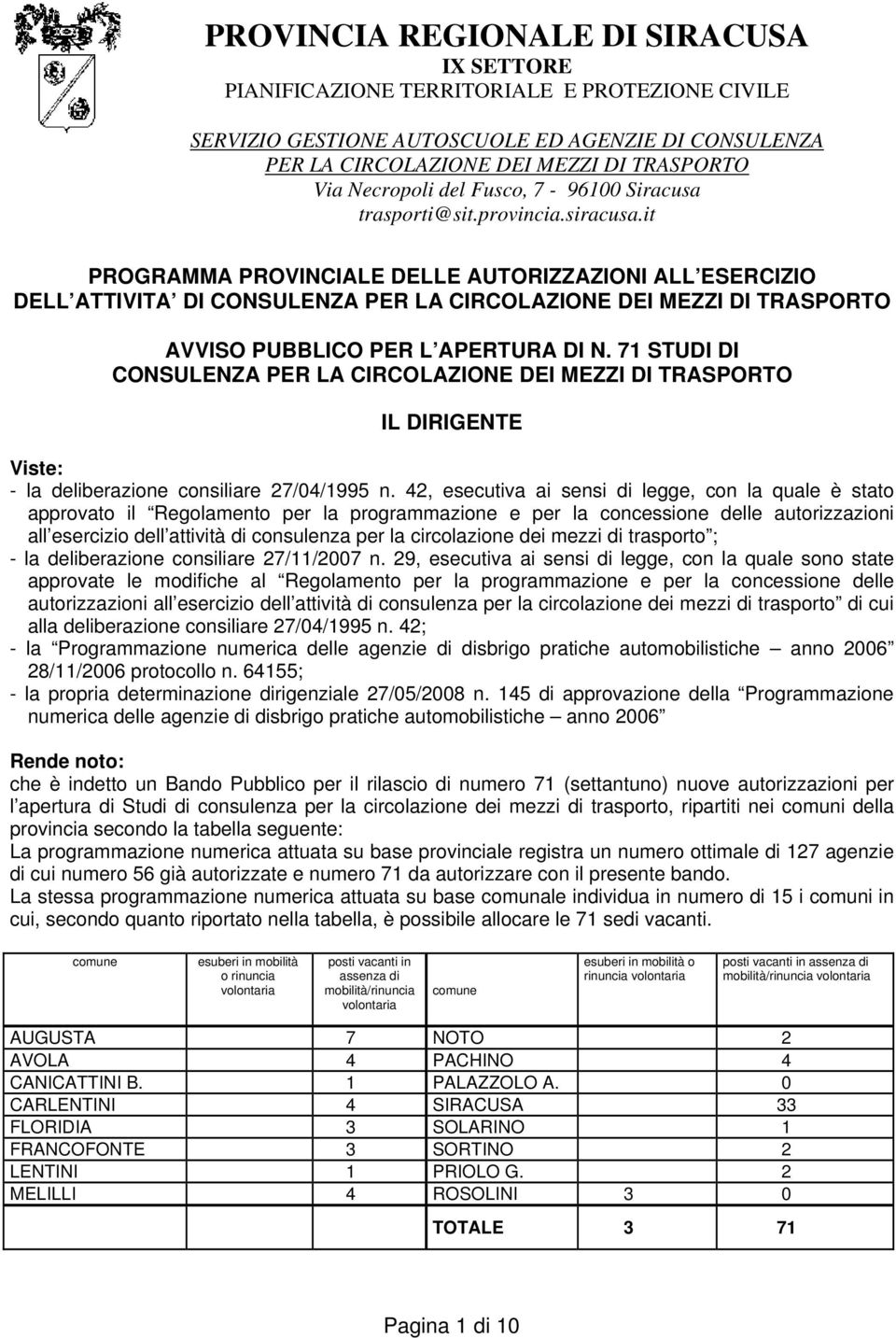 42, esecutiva ai sensi di legge, con la quale è stato approvato il Regolamento per la programmazione e per la concessione delle autorizzazioni all esercizio dell attività di consulenza per la