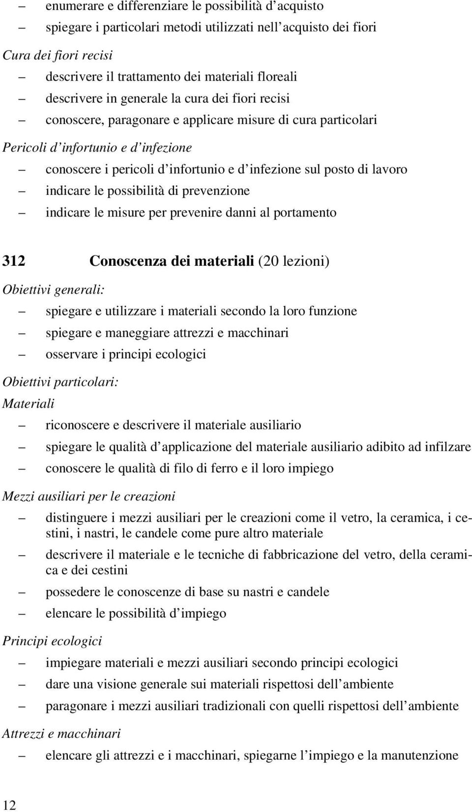 lavoro indicare le possibilità di prevenzione indicare le misure per prevenire danni al portamento 312 Conoscenza dei materiali (20 lezioni) Obiettivi generali: spiegare e utilizzare i materiali