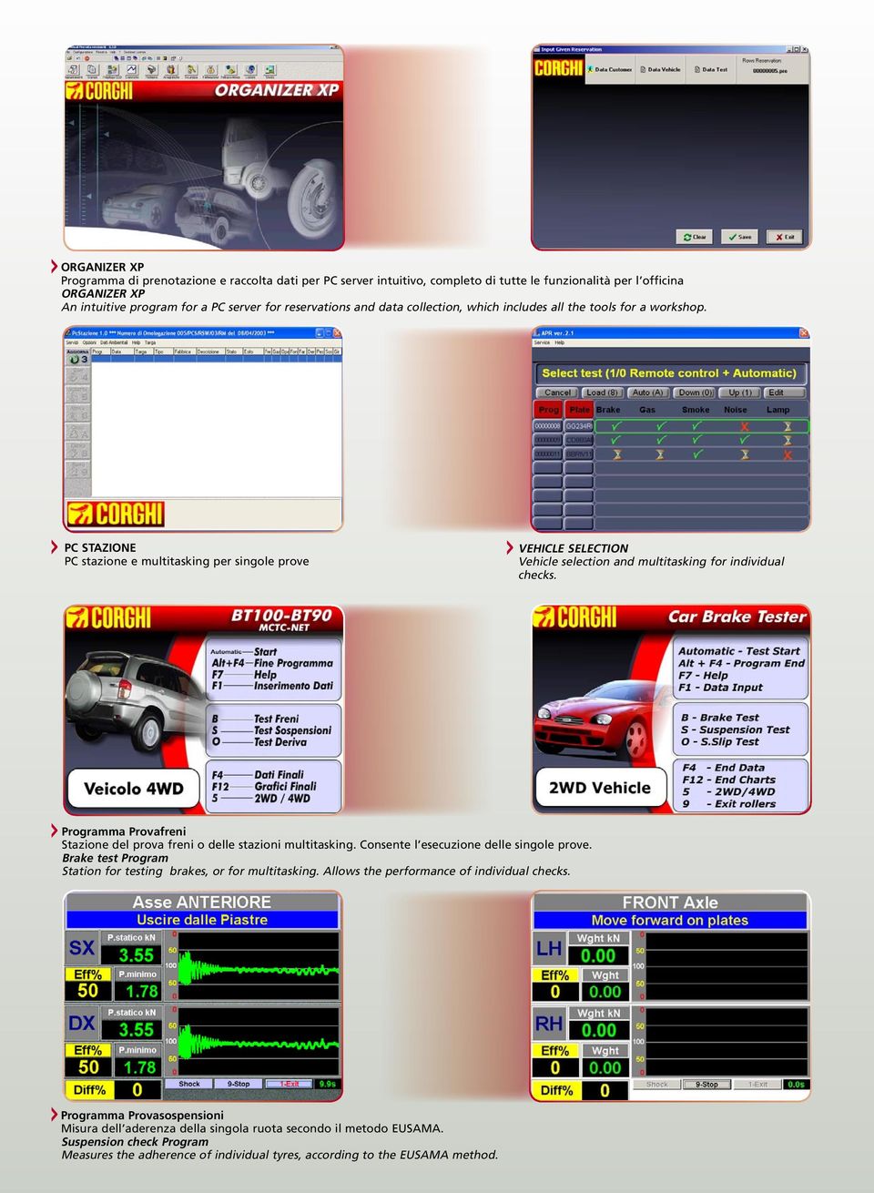 Programma Provafreni Stazione del prova freni o delle stazioni multitasking. Consente l esecuzione delle singole prove. Brake test Program Station for testing brakes, or for multitasking.