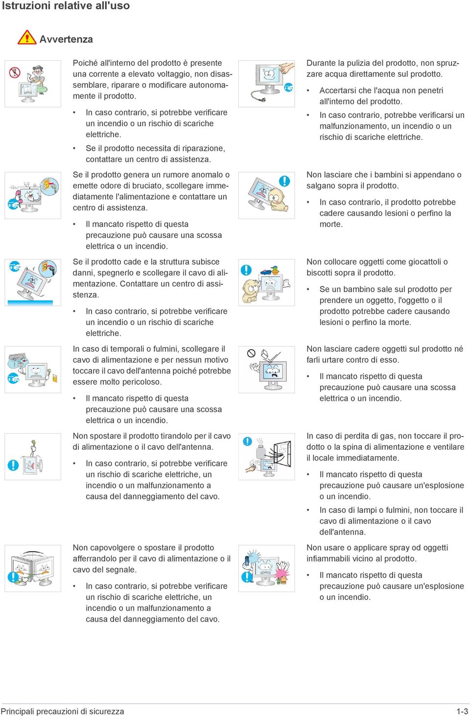 Se il prodotto genera un rumore anomalo o emette odore di bruciato, scollegare immediatamente l'alimentazione e contattare un centro di assistenza.