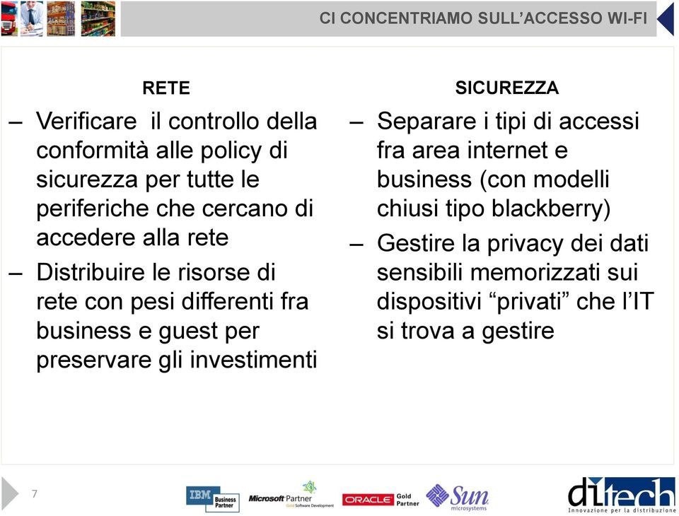 per preservare gli investimenti SICUREZZA Separare i tipi di accessi fra area internet e business (con modelli chiusi