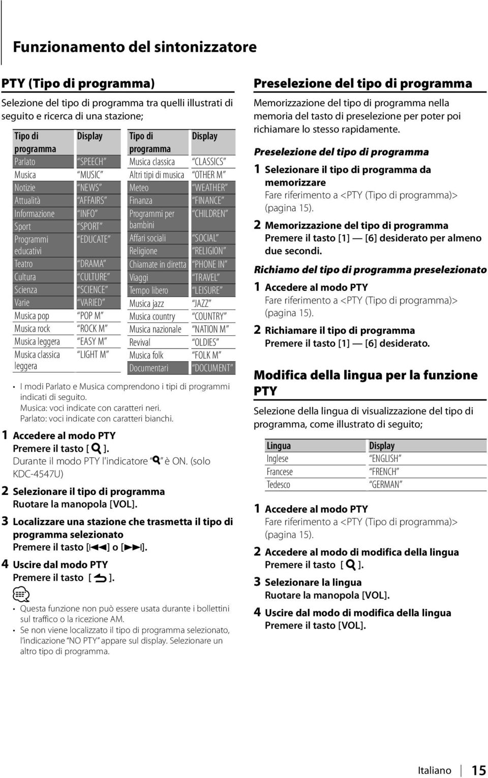 leggera EASY M Musica classica LIGHT M leggera Tipo di Display programma Musica classica CLASSICS Altri tipi di musica OTHER M Meteo WEATHER Finanza FINANCE Programmi per CHILDREN bambini Affari