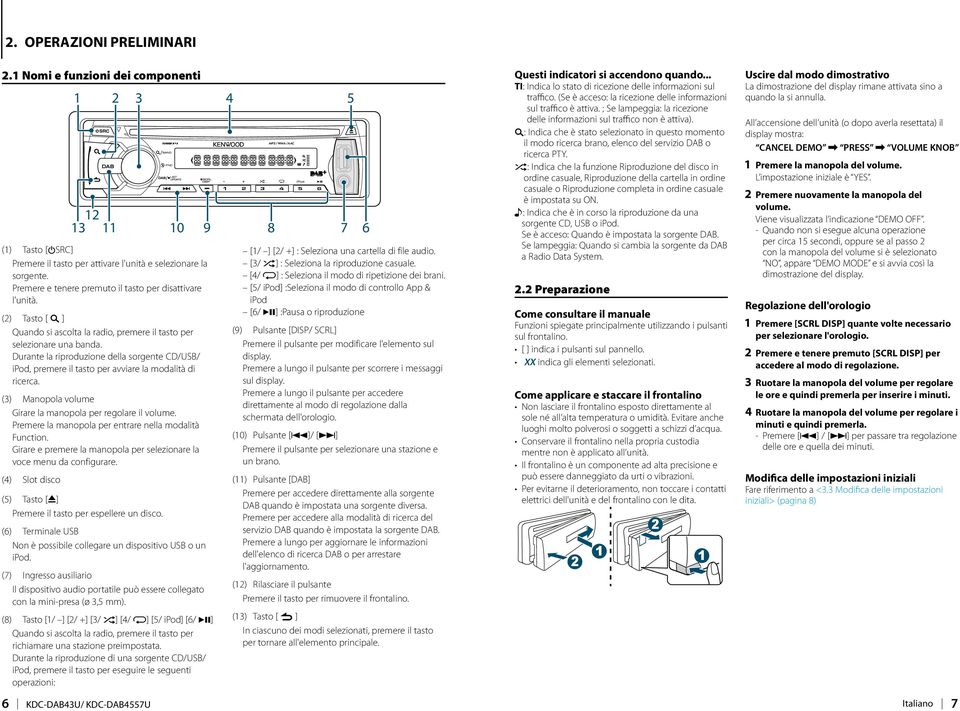 Durante la riproduzione della sorgente CD/USB/ ipod, premere il tasto per avviare la modalità di ricerca. (3) Manopola volume Girare la manopola per regolare il volume.