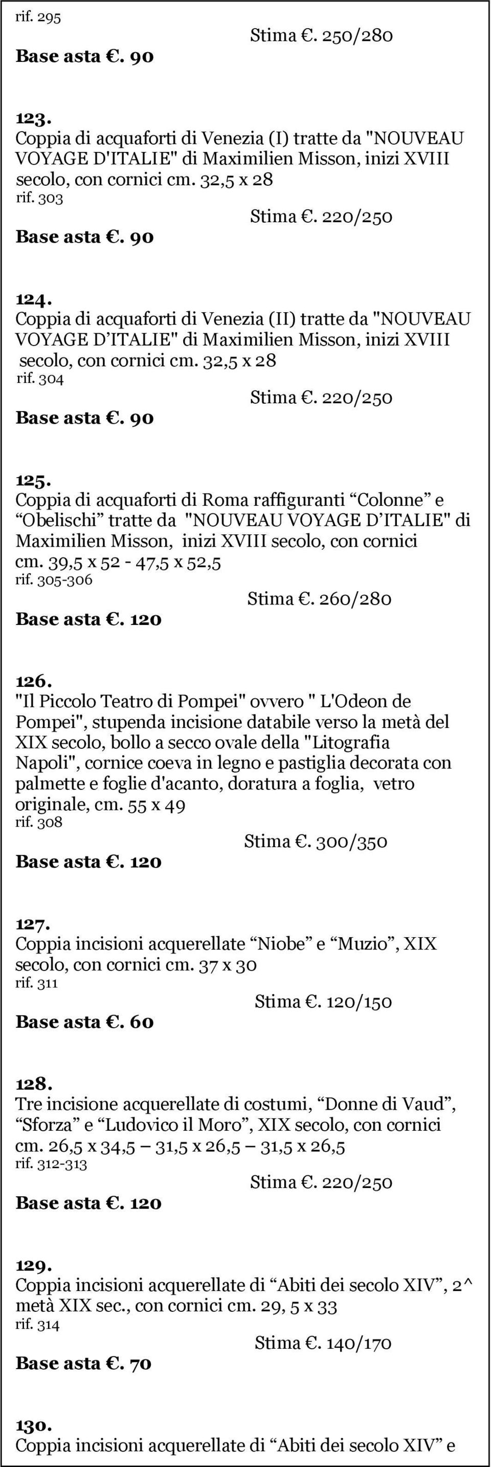 220/250 Base asta. 90 125. Coppia di acquaforti di Roma raffiguranti Colonne e Obelischi tratte da "NOUVEAU VOYAGE D ITALIE" di Maximilien Misson, inizi XVIII secolo, con cornici cm.