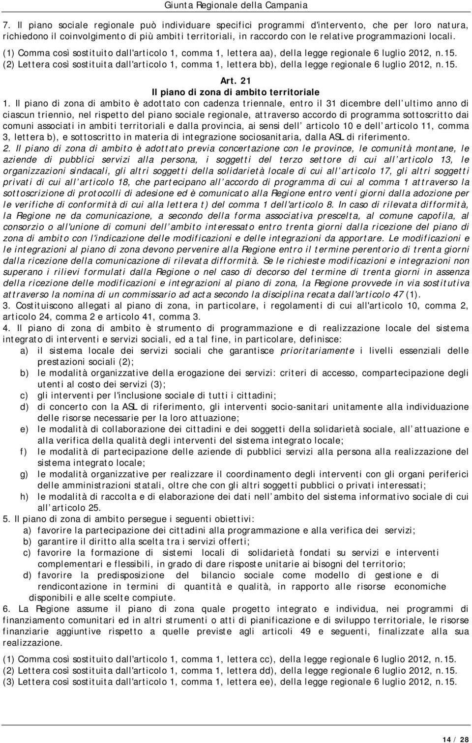 (2) Lettera così sostituita dall'articolo 1, comma 1, lettera bb), della legge regionale 6 luglio 2012, n.15. Art. 21 Il piano di zona di ambito territoriale 1.