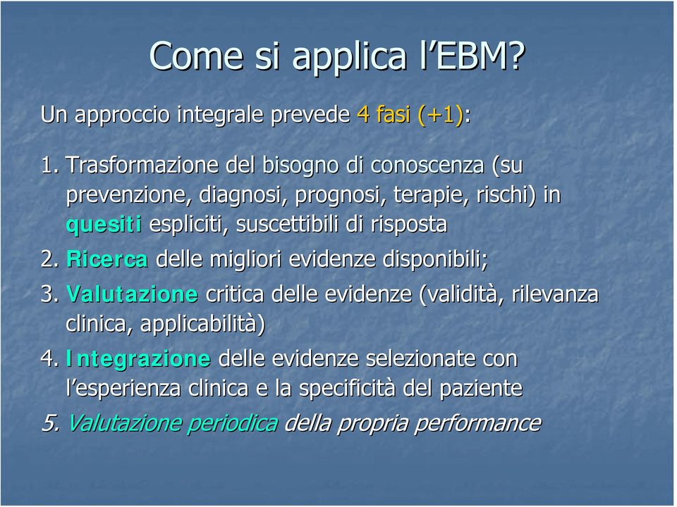 suscettibili di risposta 2. Ricerca delle migliori evidenze disponibili; 3.