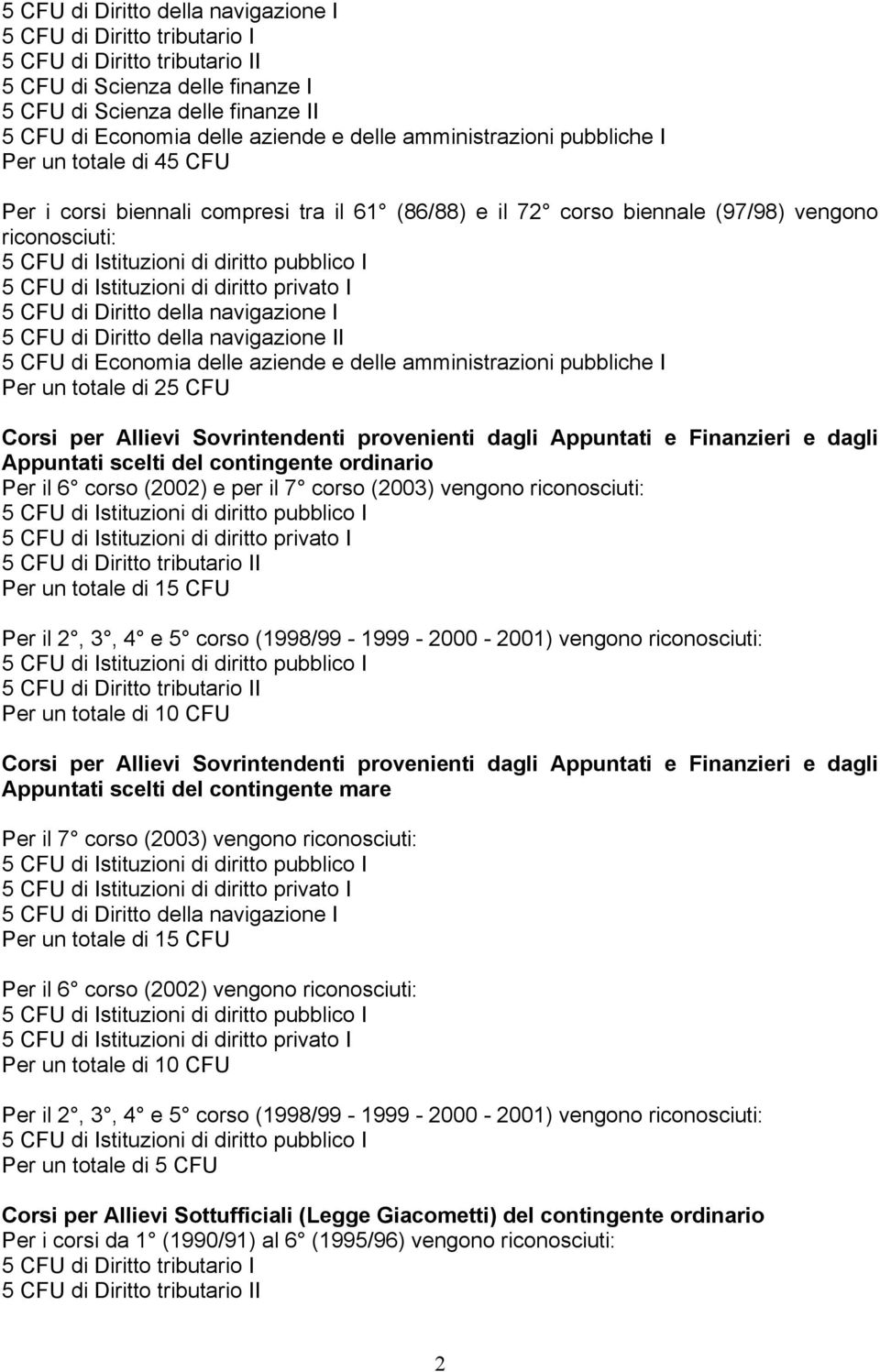 Finanzieri e dagli Appuntati scelti del contingente ordinario Per il 6 corso (2002) e per il 7 corso (2003) vengono riconosciuti: Per un totale di 15 CFU Per il 2, 3, 4 e 5 corso (1998/99-1999 -