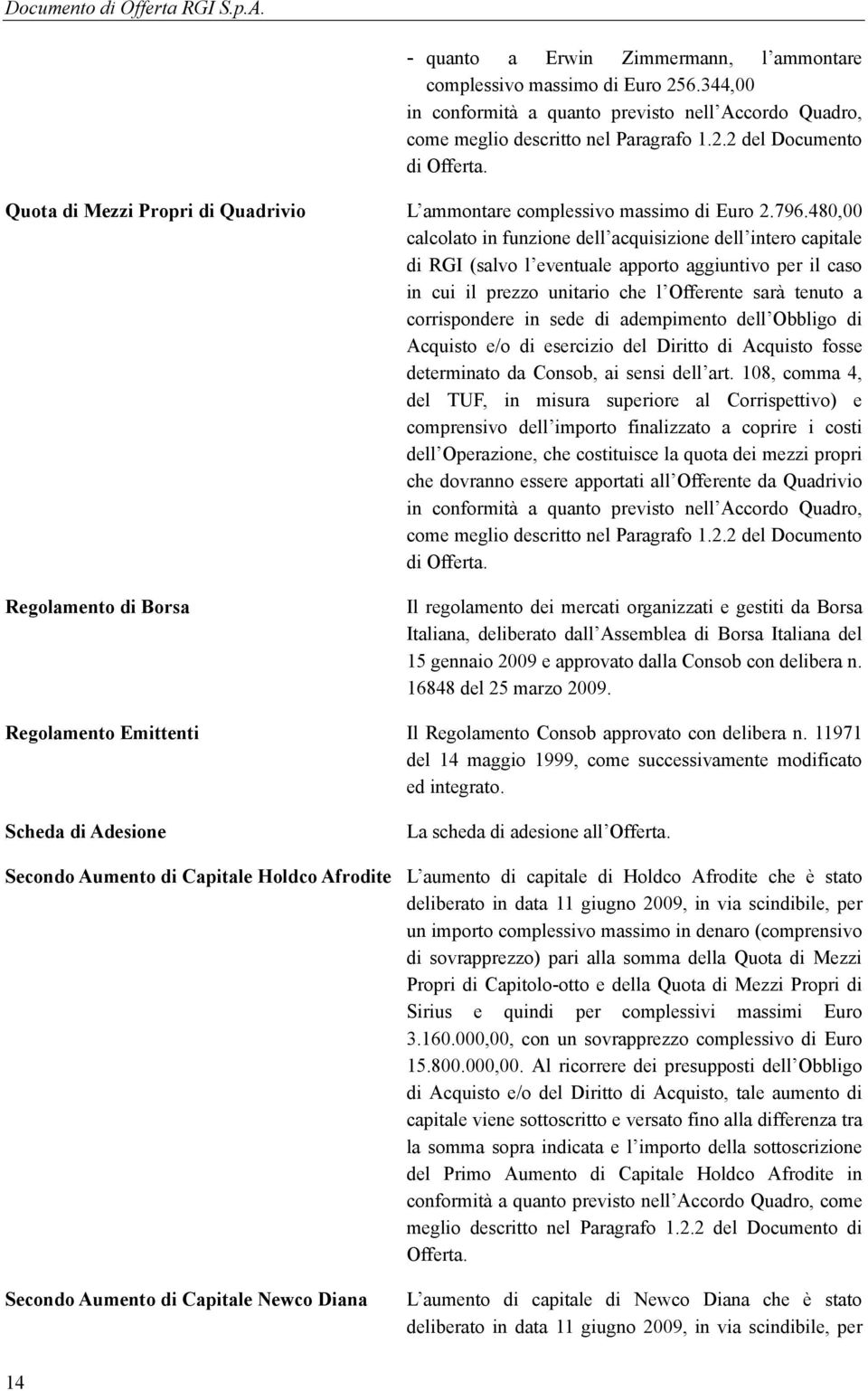 480,00 calcolato in funzione dell acquisizione dell intero capitale di RGI (salvo l eventuale apporto aggiuntivo per il caso in cui il prezzo unitario che l Offerente sarà tenuto a corrispondere in