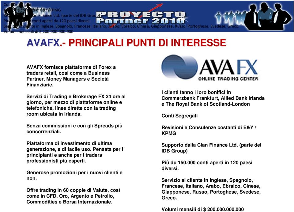 Servicio al cliente in Inglese, Spagnolo, Francese, Italiano, Arabo, Ebraico, Cinese, Giapponese, Russo, Portoghese, Svedese, Greco. Volumi mensuali di $ 200.000.000.000 AVAFX.