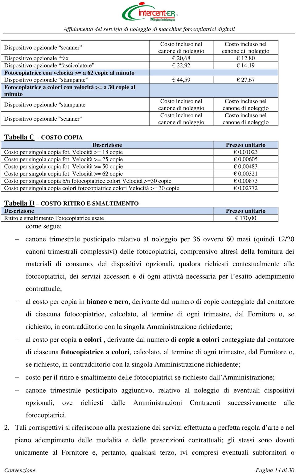 velocità >= a 30 copie al minuto Dispositivo opzionale stampante Costo incluso nel Costo incluso nel Dispositivo opzionale scanner canone di noleggio Costo incluso nel canone di noleggio canone di