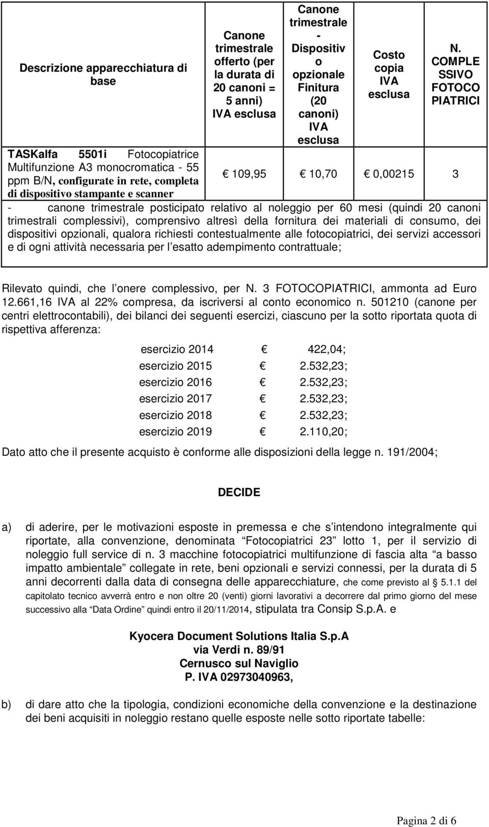 canone posticipato relativo al noleggio per 60 mesi (quindi 20 canoni trimestrali complessivi), comprensivo altresì della fornitura dei materiali di consumo, dei dispositivi opzionali, qualora