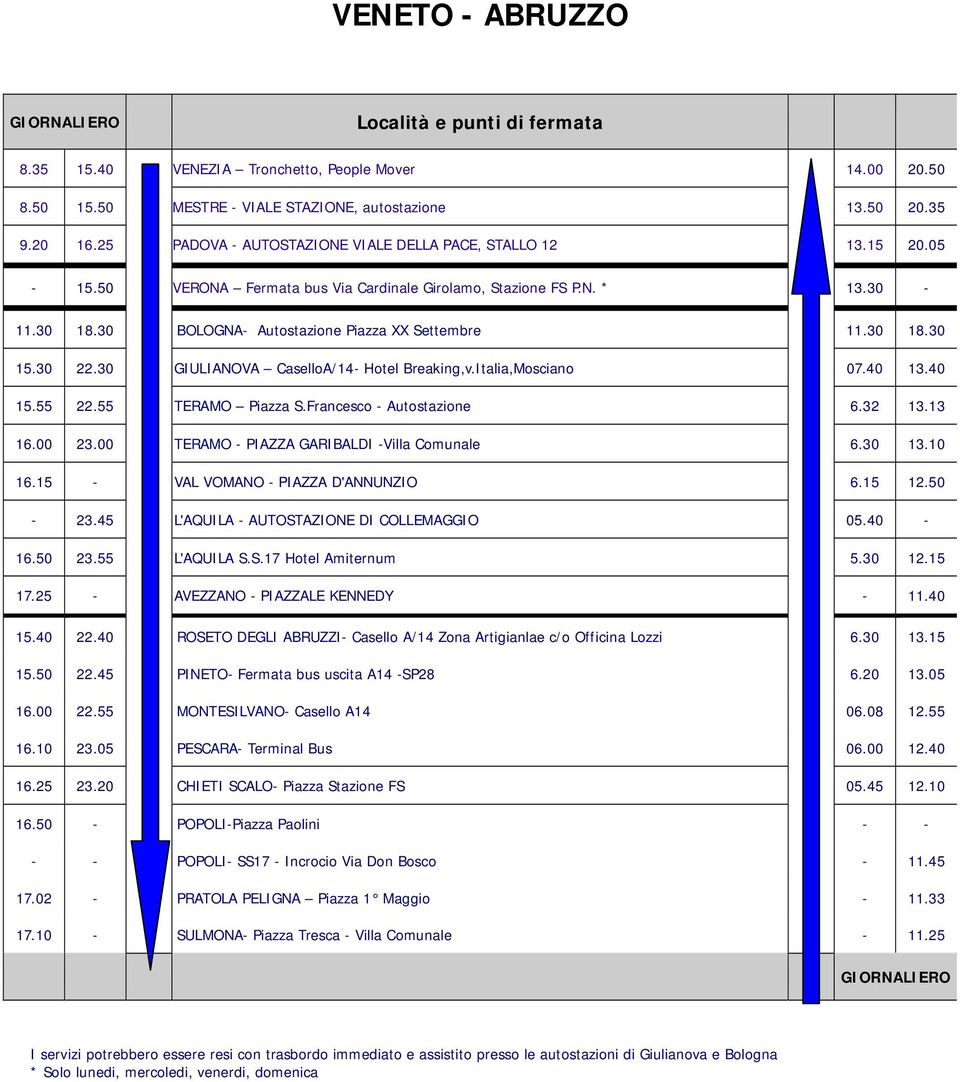 30 GIULIANOVA CaselloA/14- Hotel Breaking,v.Italia,Mosciano 07.40 13.40 15.55 22.55 TERAMO Piazza S.Francesco - Autostazione 6.32 13.13 16.00 23.00 TERAMO - PIAZZA GARIBALDI -Villa Comunale 6.30 13.