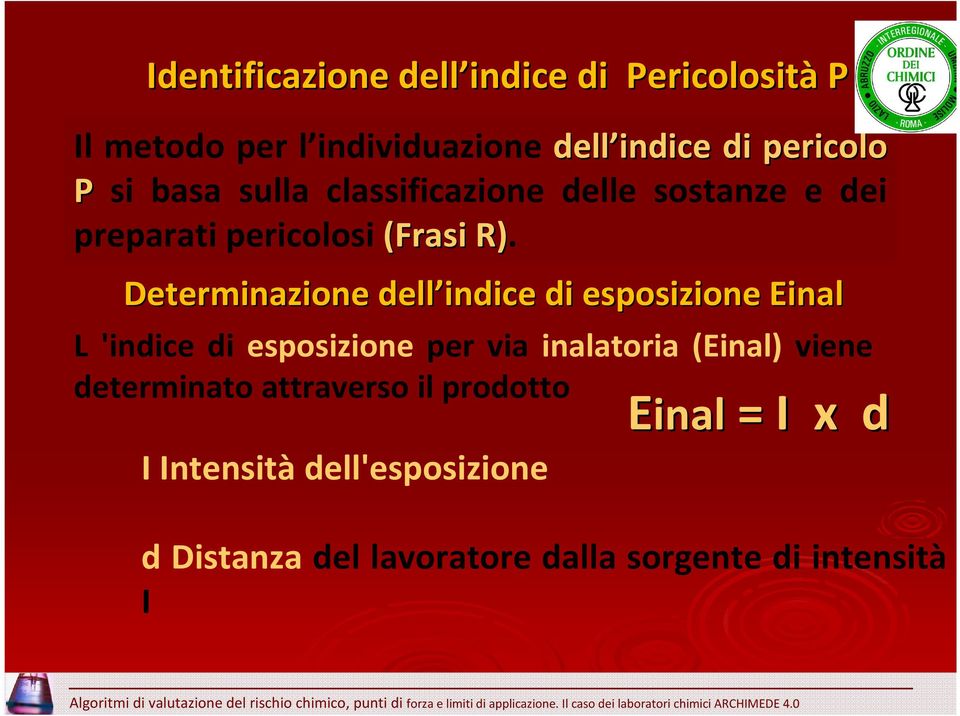 Determinazione dell indice di esposizione Einal L 'indice di esposizione per via inalatoria (Einal) viene