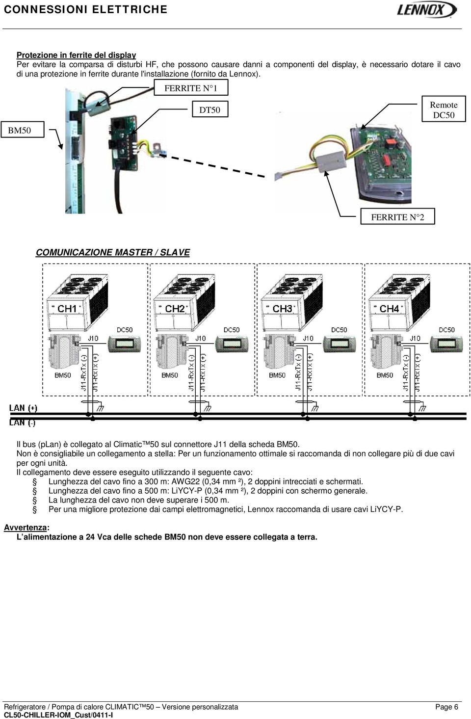 FERRITE N 1 BM50 DT50 Remote DC50 FERRITE N 2 COMUNICAZIONE MASTER / SLAVE Il bus (plan) è collegato al Climatic 50 sul connettore J11 della scheda BM50.