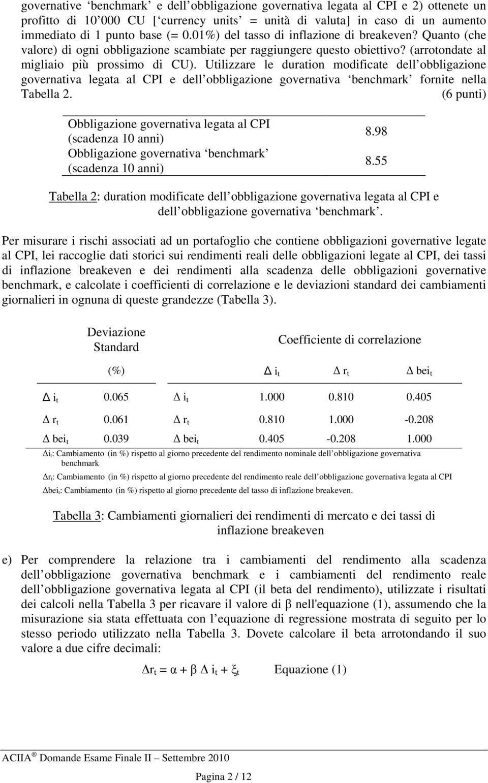 Utilizzare le duration modificate dell obbligazione governativa legata al CPI e dell obbligazione governativa benchmark fornite nella Tabella 2.