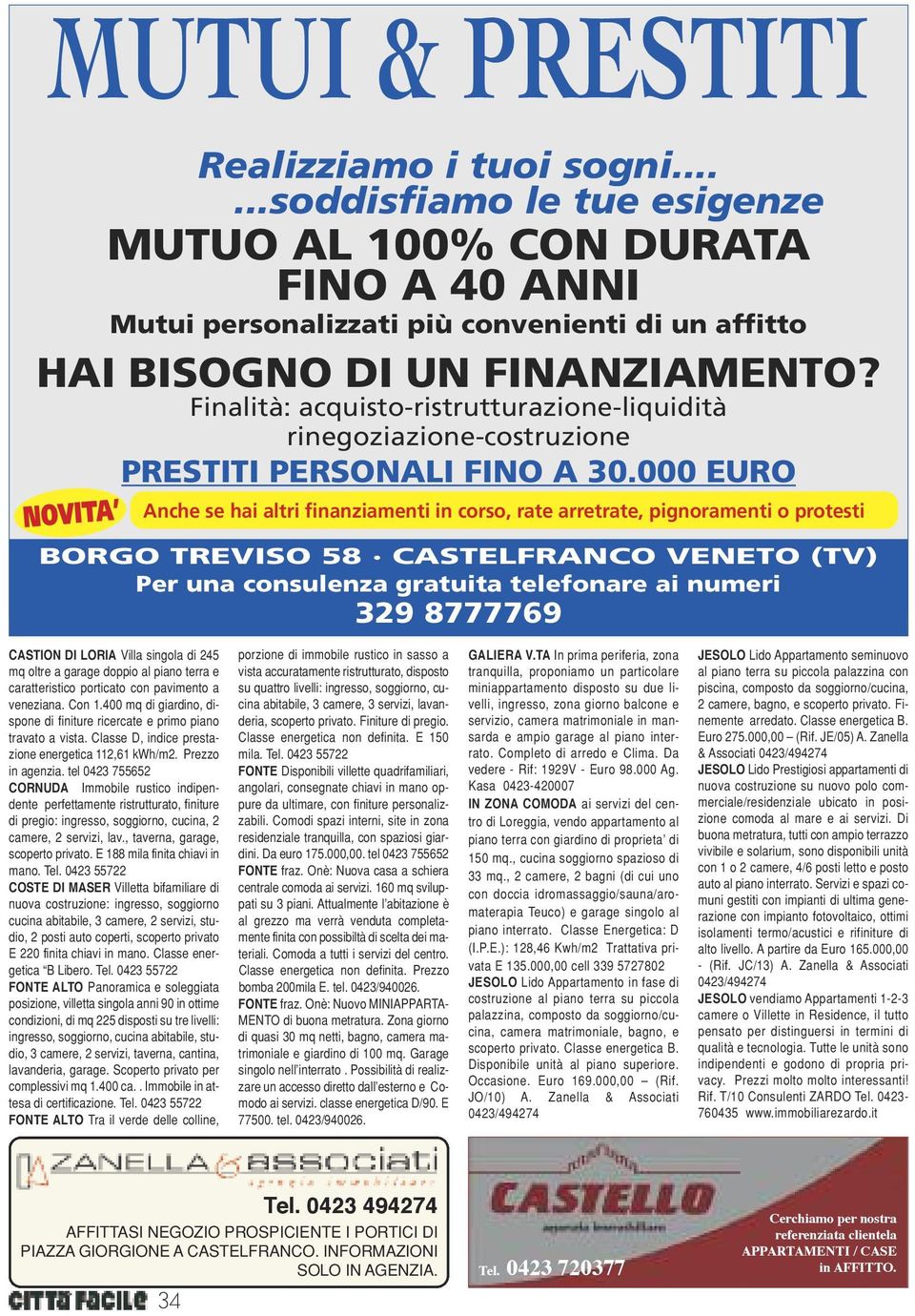 000 EURO NOVITA Anche se hai altri finanziamenti in corso, rate arretrate, pignoramenti o protesti BORGO TREVISO 58 CASTELFRANCO VENETO (TV) Per una consulenza gratuita telefonare ai numeri 329