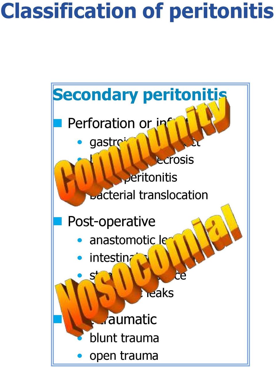 peritonitis bacterial translocation Post-operative anastomotic leak intestinal suture leak stump dehiscence