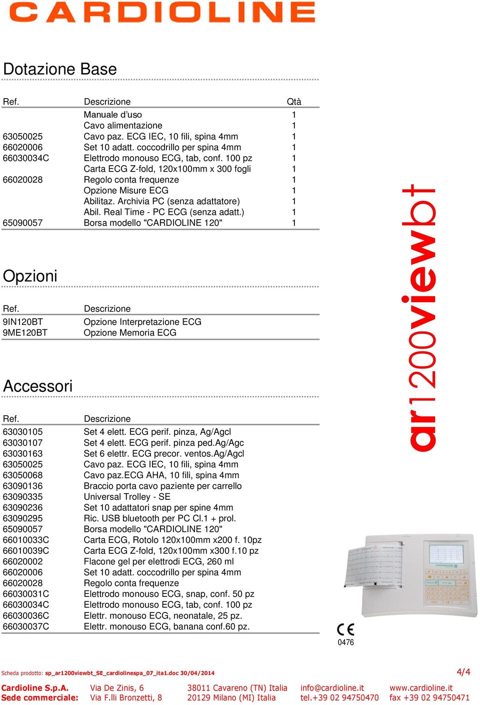Archivia PC (senza adattatore) 1 Abil. Real Time - PC ECG (senza adatt.) 1 65090057 Borsa modello "CARDIOLINE 120" 1 Opzioni Ref.
