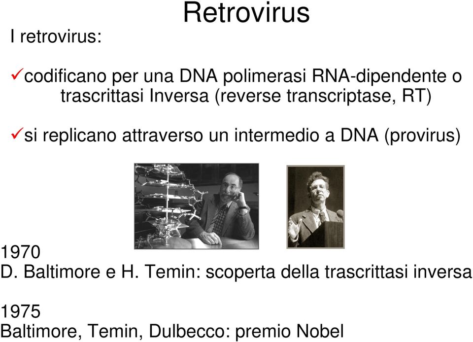 replicano attraverso un intermedio a DNA (provirus) 1970 D.