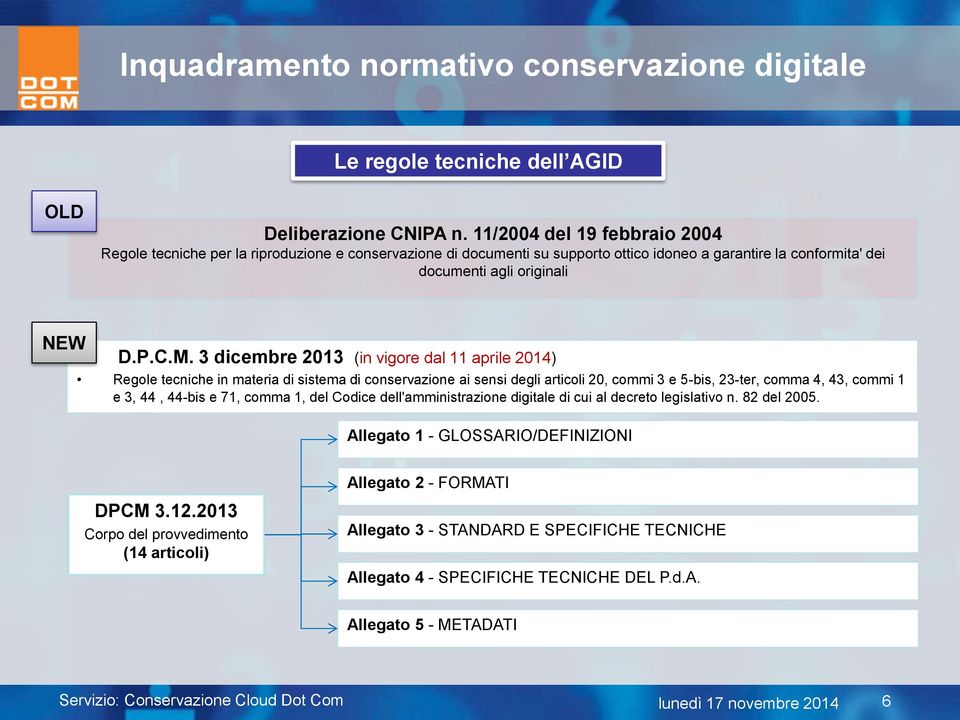 3 dicembre 2013 (in vigore dal 11 aprile 2014) Regole tecniche in materia di sistema di conservazione ai sensi degli articoli 20, commi 3 e 5-bis, 23-ter, comma 4, 43, commi 1 e 3, 44, 44-bis e 71,