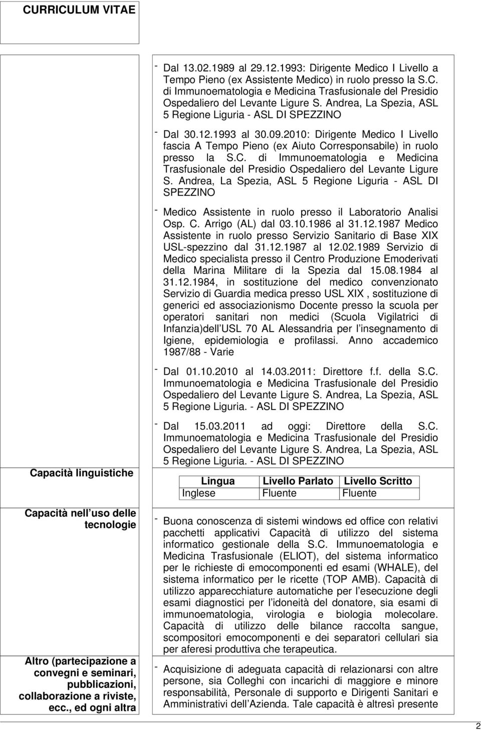 2010: Dirigente Medico I Livello fascia A Tempo Pieno (ex Aiuto Corresponsabile) in ruolo presso la S.C. di Immunoematologia e Medicina Trasfusionale del Presidio Ospedaliero del Levante Ligure S.